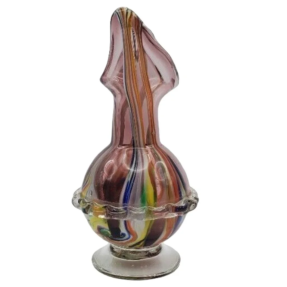 Lead Crystal Multicolor Striped Art Glass Vase Ruffled Rainbow Ribbon Statement - Picture 8 of 10